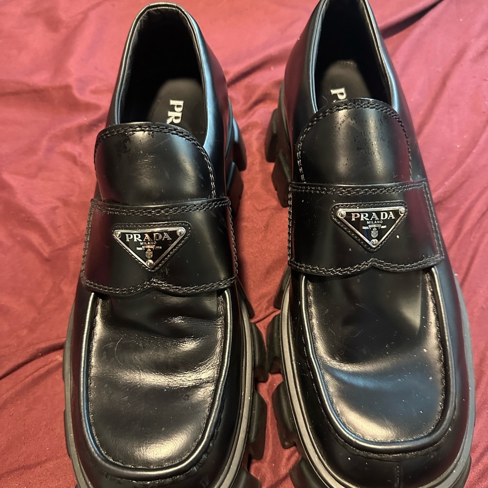 Prada Men's Black Brushed Leather Monolith Loafers